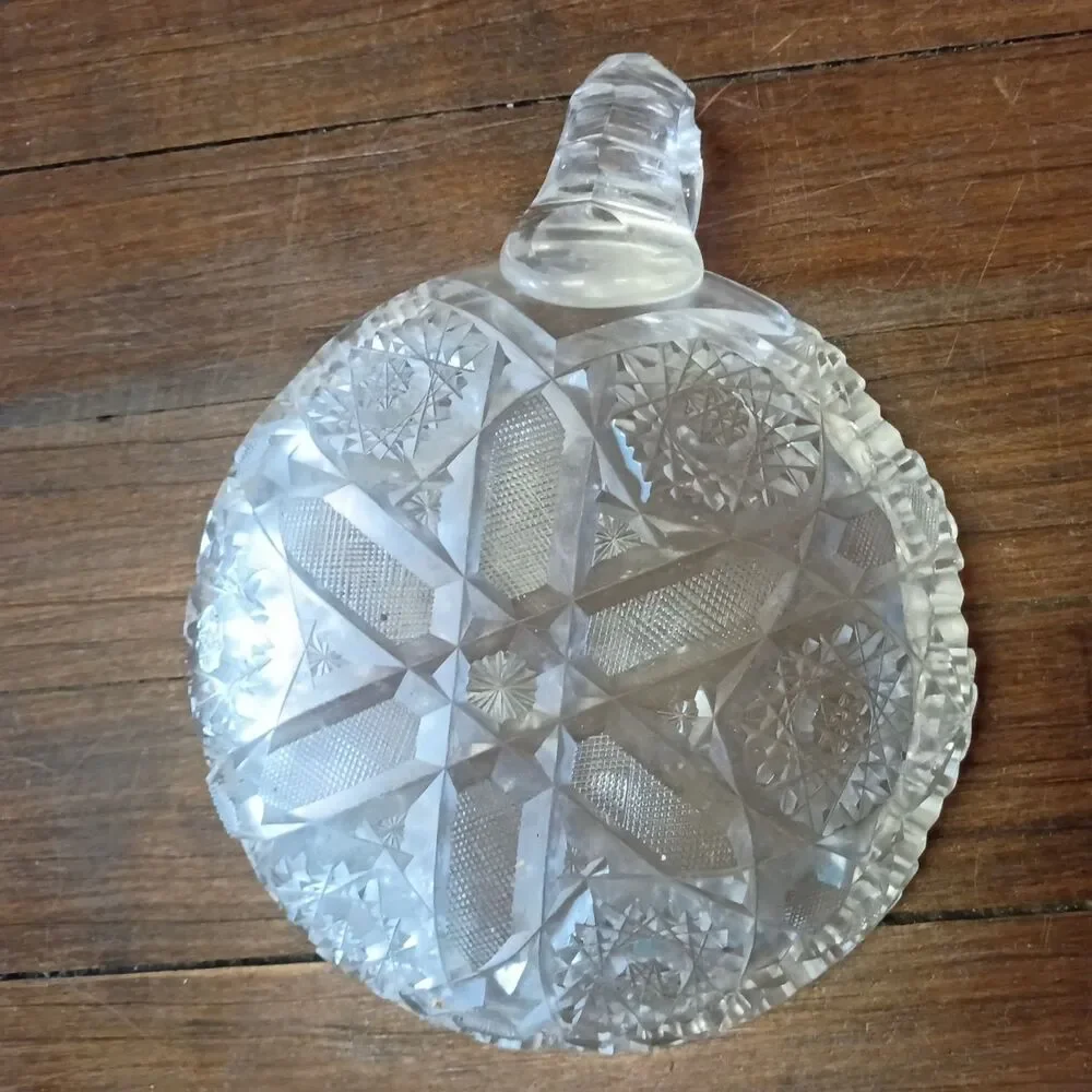Antique 1890s-1910s Am Brilliant Cut Glass Dish w/ Sawtooth Rim and Loop Handle